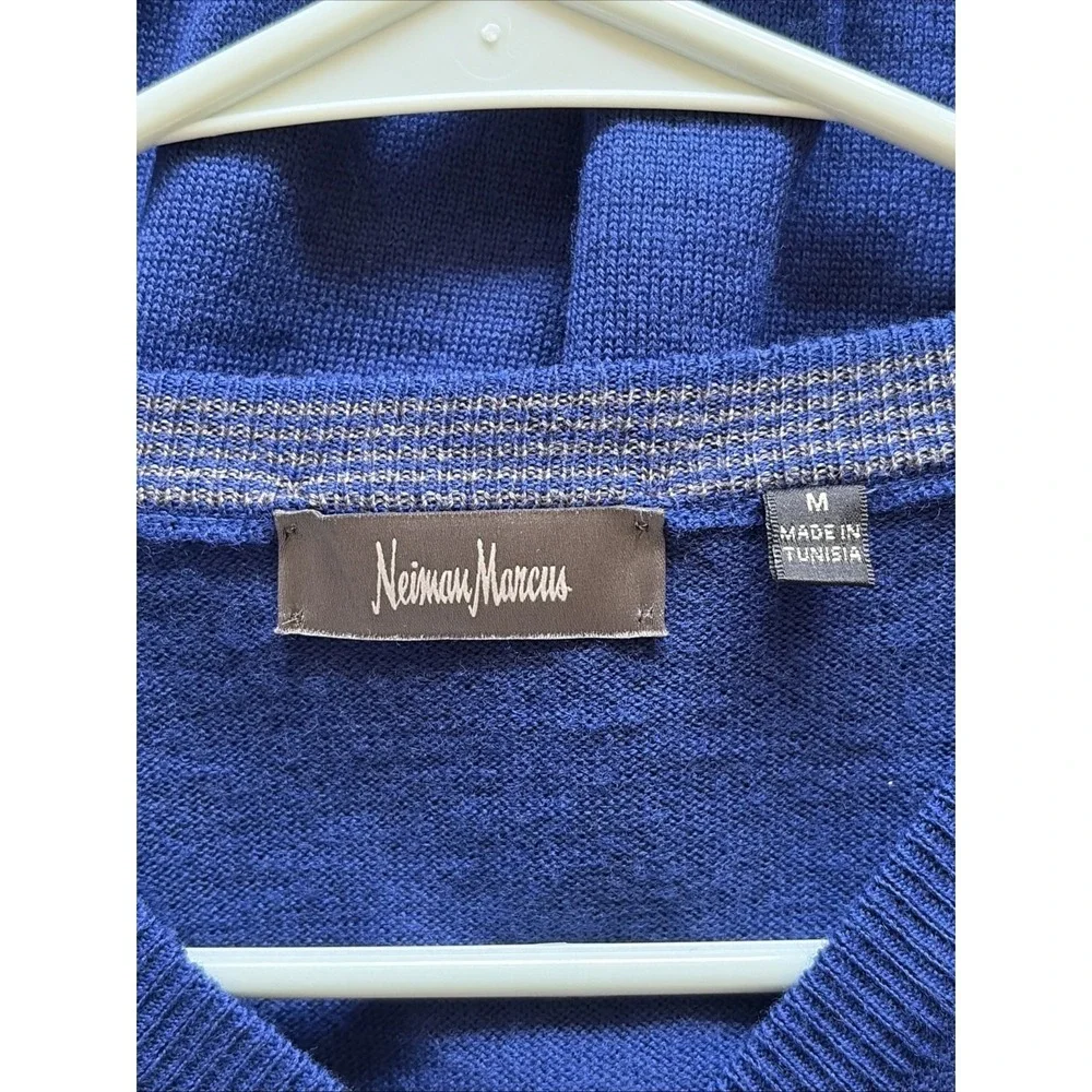 Neiman Marcus Blue Vneck Merino Wool Acrylic Lightweight Sweater Mens Medium